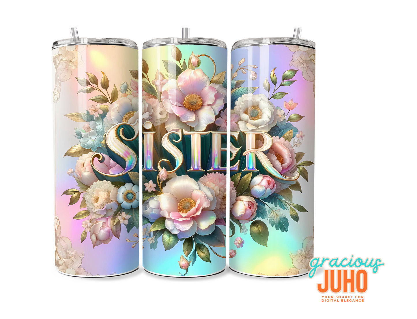 sister flower tumbler design template instant download