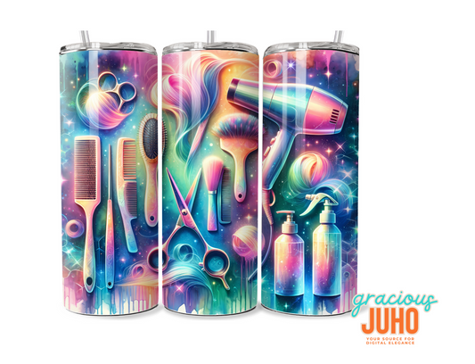 Hairstylist holographic  tumbler design seamless pattern