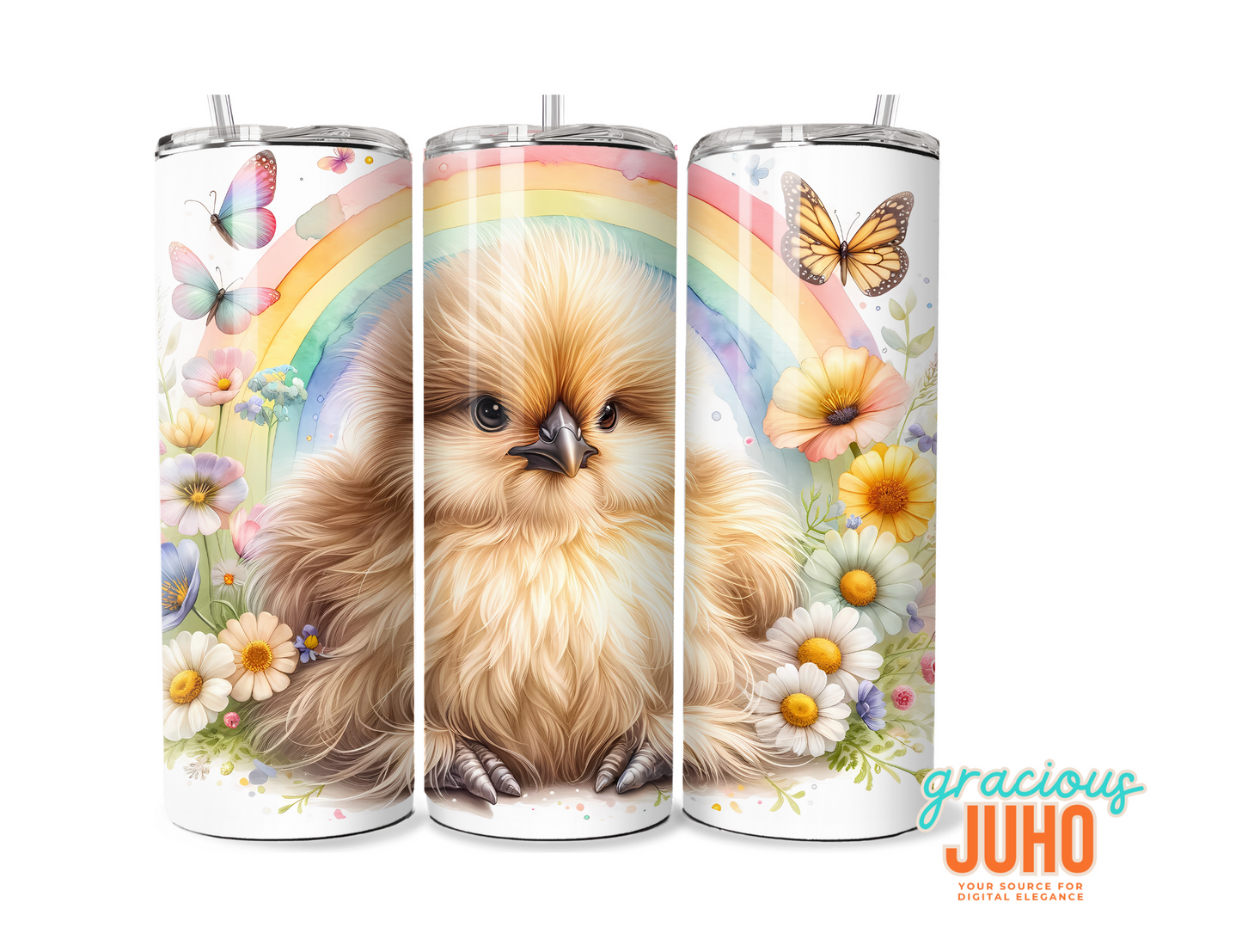 silkie chicken rainbow tumbler design seamless pattern