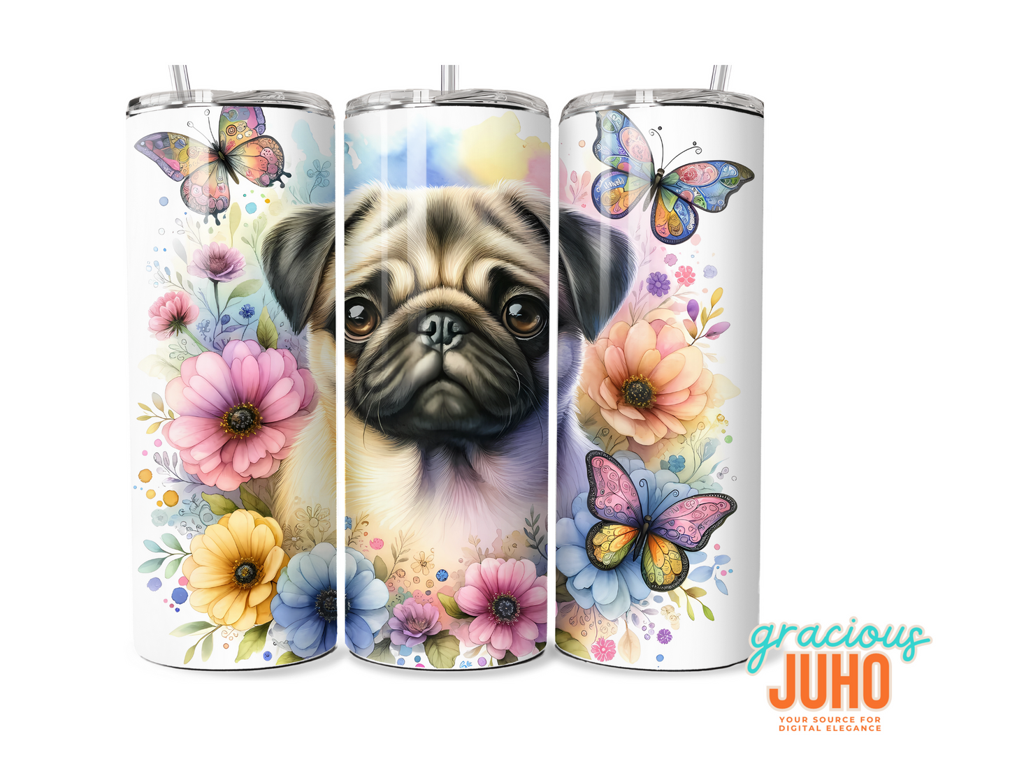 Pug flower  tumbler design seamless pattern