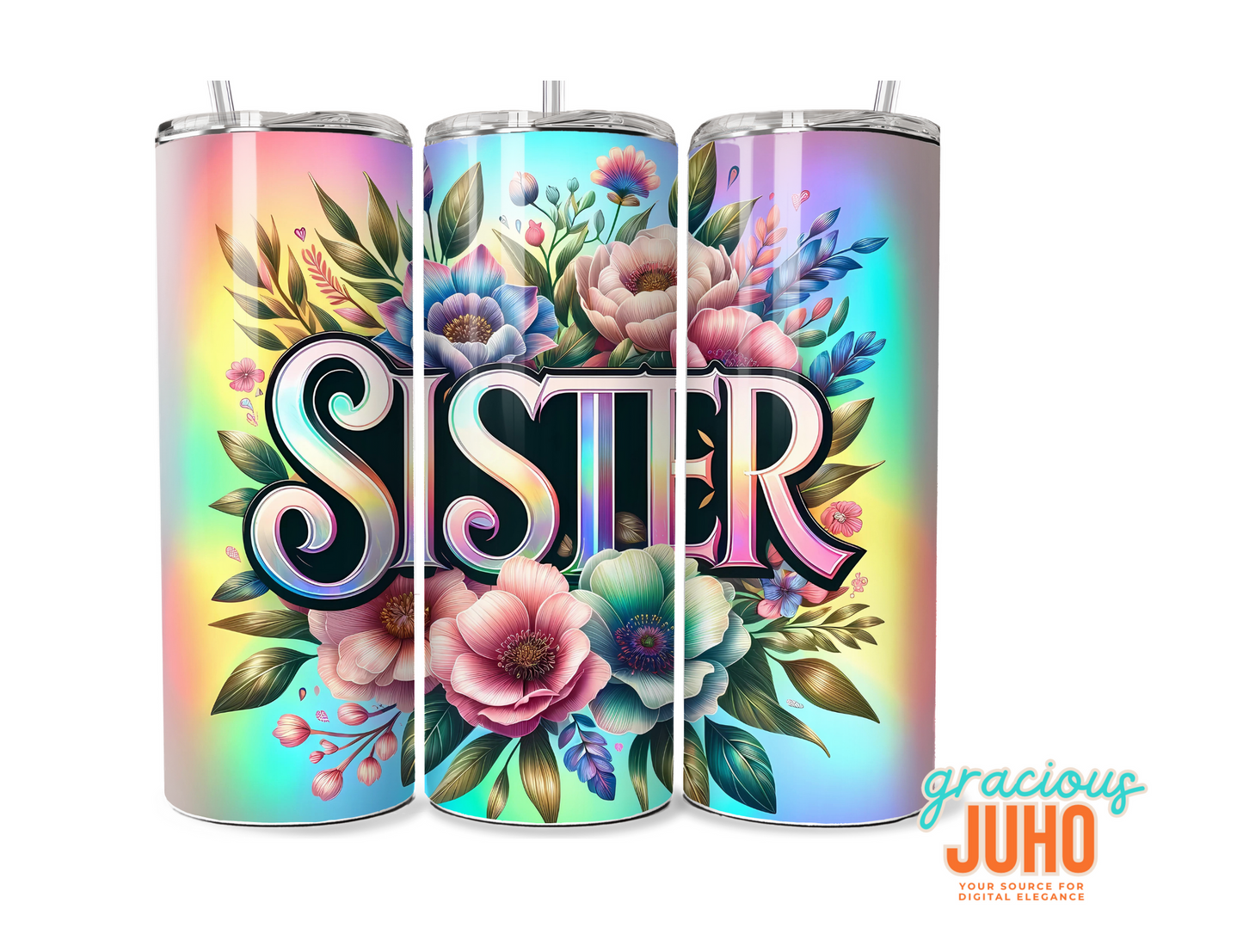 sister flower tumbler design template instant download