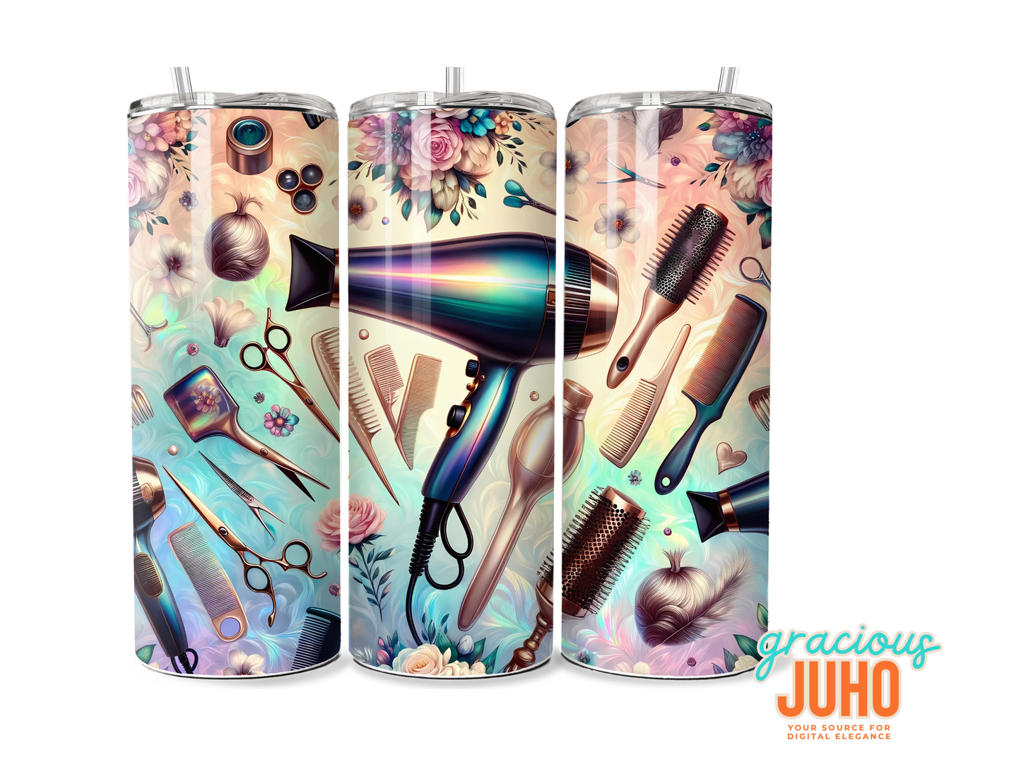 Hairstylist rainbow holographic   tumbler design seamless pattern